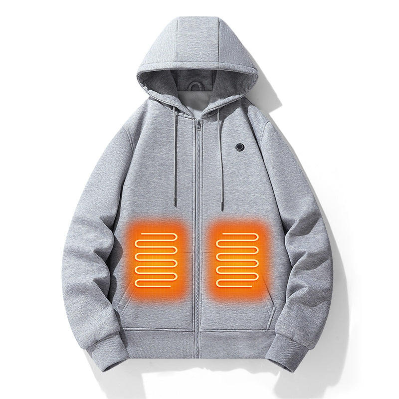 European and American zipper cardigan heating hoodie intelligent hooded five zone heating jacket.  Warm electric clothing for everyone.