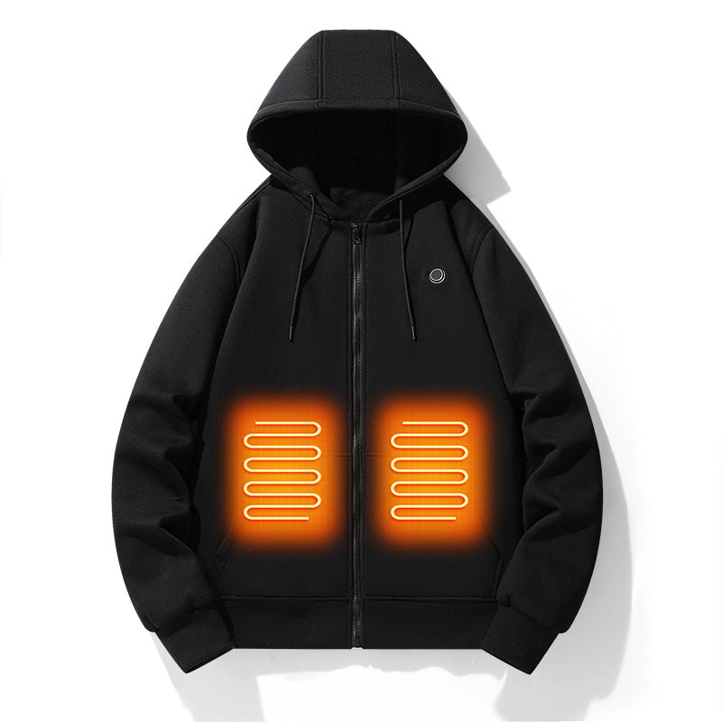 European and American zipper cardigan heating hoodie intelligent hooded five zone heating jacket.  Warm electric clothing for everyone.